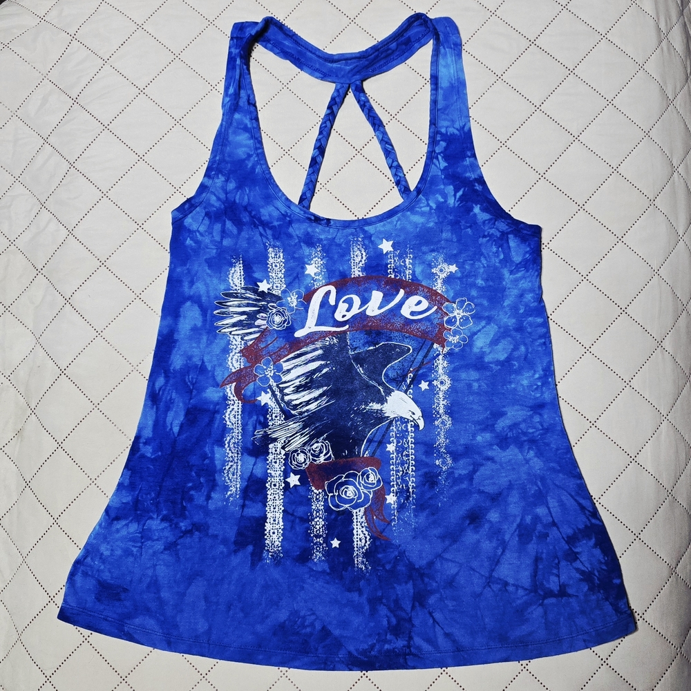 Tie Dye Eagle Patriotic Tank Top S Royal Blue Braided Strap Love Country Core